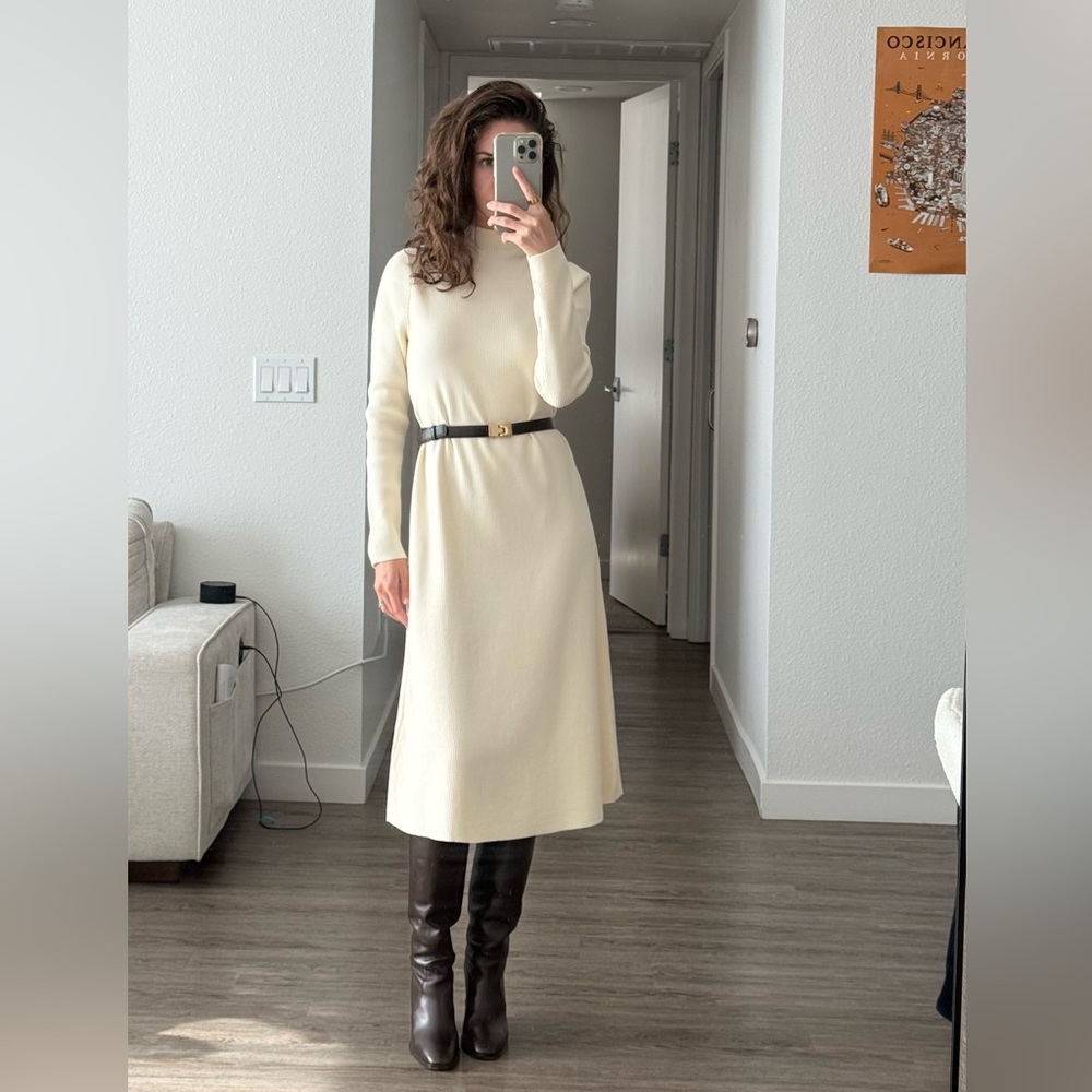Cream Ribbed Knit Midi Dress